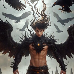 Explore AI-generated House Ravenclaw art — handsome shirtless wizards from the raven house of Hogwarts summoning massive protective ravens. Fantasy wizard school digital art.