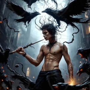 Explore AI-generated House Ravenclaw art — handsome shirtless wizards from the raven house of Hogwarts summoning massive protective ravens. Fantasy wizard school digital art.