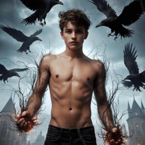 Explore AI-generated House Ravenclaw art — handsome shirtless wizards from the raven house of Hogwarts summoning massive protective ravens. Fantasy wizard school digital art.