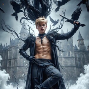 Explore AI-generated House Ravenclaw art — handsome shirtless wizards from the raven house of Hogwarts summoning massive protective ravens. Fantasy wizard school digital art.