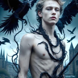 Explore AI-generated House Ravenclaw art — handsome shirtless wizards from the raven house of Hogwarts summoning massive protective ravens. Fantasy wizard school digital art.