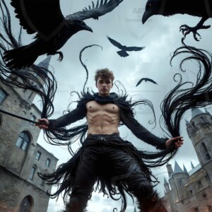 Explore AI-generated House Ravenclaw art — handsome shirtless wizards from the raven house of Hogwarts summoning massive protective ravens. Fantasy wizard school digital art.