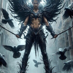 Explore AI-generated House Ravenclaw art — handsome shirtless wizards from the raven house of Hogwarts summoning massive protective ravens. Fantasy wizard school digital art.