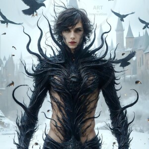 Explore AI-generated House Ravenclaw art — handsome shirtless wizards from the raven house of Hogwarts summoning massive protective ravens. Fantasy wizard school digital art.