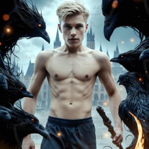 Explore AI-generated House Ravenclaw art — handsome shirtless wizards from the raven house of Hogwarts summoning massive protective ravens. Fantasy wizard school digital art.