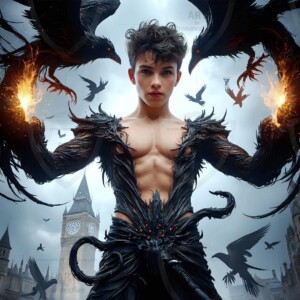 Explore AI-generated House Ravenclaw art — handsome shirtless wizards from the raven house of Hogwarts summoning massive protective ravens. Fantasy wizard school digital art.