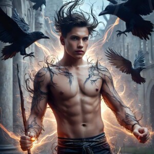 Explore AI-generated House Ravenclaw art — handsome shirtless wizards from the raven house of Hogwarts summoning massive protective ravens. Fantasy wizard school digital art.