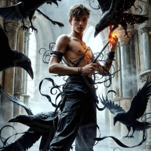 Explore AI-generated House Ravenclaw art — handsome shirtless wizards from the raven house of Hogwarts summoning massive protective ravens. Fantasy wizard school digital art.