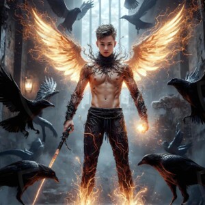 Explore AI-generated House Ravenclaw art — handsome shirtless wizards from the raven house of Hogwarts summoning massive protective ravens. Fantasy wizard school digital art.