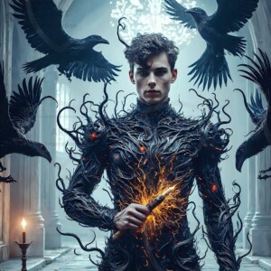 Explore AI-generated House Ravenclaw art — handsome shirtless wizards from the raven house of Hogwarts summoning massive protective ravens. Fantasy wizard school digital art.