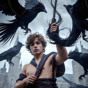 Explore AI-generated House Ravenclaw art — handsome shirtless wizards from the raven house of Hogwarts summoning massive protective ravens. Fantasy wizard school digital art.