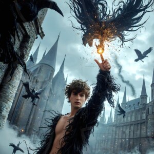 Explore AI-generated House Ravenclaw art — handsome shirtless wizards from the raven house of Hogwarts summoning massive protective ravens. Fantasy wizard school digital art.