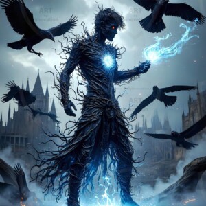 Explore AI-generated House Ravenclaw art — handsome shirtless wizards from the raven house of Hogwarts summoning massive protective ravens. Fantasy wizard school digital art.