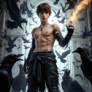 Explore AI-generated House Ravenclaw art — handsome shirtless wizards from the raven house of Hogwarts summoning massive protective ravens. Fantasy wizard school digital art.