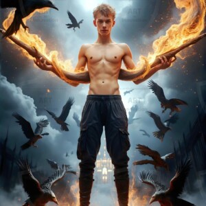 Explore AI-generated House Ravenclaw art — handsome shirtless wizards from the raven house of Hogwarts summoning massive protective ravens. Fantasy wizard school digital art.