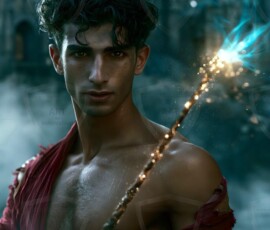 AI-generated wizards of the lion house handsome shirtless mages of the wizard academy conjuring great white lions in cinematic UHD fantasy art.