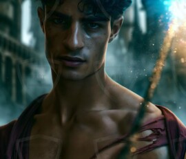 AI-generated wizards of the lion house handsome shirtless mages of the wizard academy conjuring great white lions in cinematic UHD fantasy art.