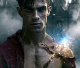 AI-generated wizards of the lion house handsome shirtless mages of the wizard academy conjuring great white lions in cinematic UHD fantasy art.