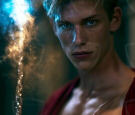 AI-generated wizards of the lion house handsome shirtless mages of the wizard academy conjuring great white lions in cinematic UHD fantasy art.