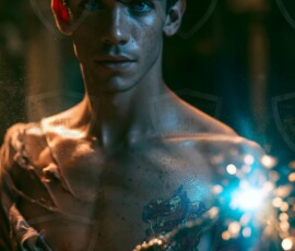 AI-generated wizards of the lion house handsome shirtless mages of the wizard academy conjuring great white lions in cinematic UHD fantasy art.