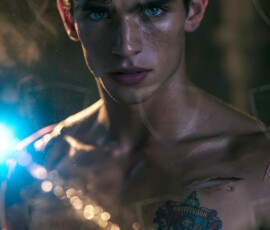 AI-generated wizards of the lion house handsome shirtless mages of the wizard academy conjuring great white lions in cinematic UHD fantasy art.