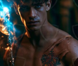 AI-generated wizards of the lion house handsome shirtless mages of the wizard academy conjuring great white lions in cinematic UHD fantasy art.