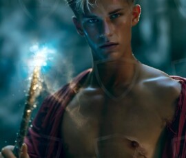 AI-generated wizards of the lion house handsome shirtless mages of the wizard academy conjuring great white lions in cinematic UHD fantasy art.