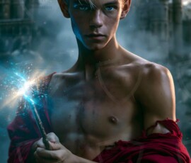 AI-generated wizards of the lion house — handsome shirtless mages of the wizard academy conjuring great white lions in cinematic UHD fantasy art.