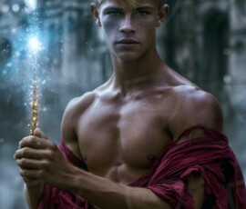 AI-generated wizards of the lion house — handsome shirtless mages of the wizard academy conjuring great white lions in cinematic UHD fantasy art.