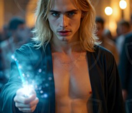 AI-generated wizards of the lion house handsome shirtless mages of the wizard academy conjuring great white lions in cinematic UHD fantasy art.