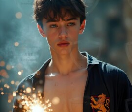 AI-generated wizards of the lion house handsome shirtless mages of the wizard academy conjuring great white lions in cinematic UHD fantasy art.