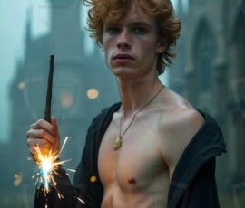 AI-generated wizards of the lion house handsome shirtless mages of the wizard academy conjuring great white lions in cinematic UHD fantasy art.