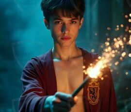 AI-generated wizards of the lion house handsome shirtless mages of the wizard academy conjuring great white lions in cinematic UHD fantasy art.