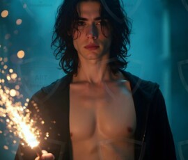 AI-generated wizards of the lion house handsome shirtless mages of the wizard academy conjuring great white lions in cinematic UHD fantasy art.