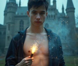 AI-generated wizards of the lion house handsome shirtless mages of the wizard academy conjuring great white lions in cinematic UHD fantasy art.