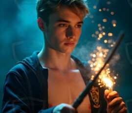 AI-generated wizards of the lion house — handsome shirtless mages of the wizard academy conjuring great white lions in cinematic UHD fantasy art.