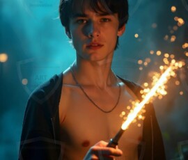 AI-generated wizards of the lion house handsome shirtless mages of the wizard academy conjuring great white lions in cinematic UHD fantasy art.