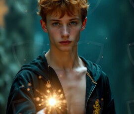 AI-generated wizards of the lion house handsome shirtless mages of the wizard academy conjuring great white lions in cinematic UHD fantasy art.