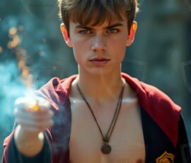 AI-generated wizards of the lion house handsome shirtless mages of the wizard academy conjuring great white lions in cinematic UHD fantasy art.