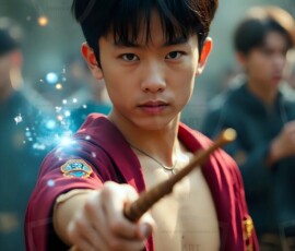 AI-generated wizards of the lion house handsome shirtless mages of the wizard academy conjuring great white lions in cinematic UHD fantasy art.