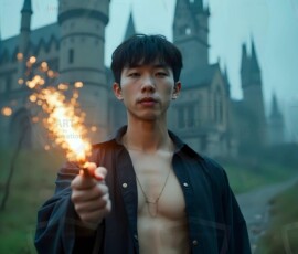 AI-generated wizards of the lion house handsome shirtless mages of the wizard academy conjuring great white lions in cinematic UHD fantasy art.