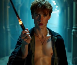AI-generated wizards of the lion house handsome shirtless mages of the wizard academy conjuring great white lions in cinematic UHD fantasy art.