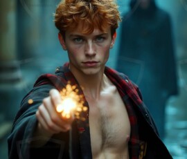 AI-generated wizards of the lion house handsome shirtless mages of the wizard academy conjuring great white lions in cinematic UHD fantasy art.
