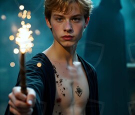 AI-generated wizards of the lion house handsome shirtless mages of the wizard academy conjuring great white lions in cinematic UHD fantasy art.