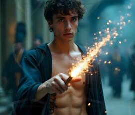 AI-generated wizards of the lion house handsome shirtless mages of the wizard academy conjuring great white lions in cinematic UHD fantasy art.