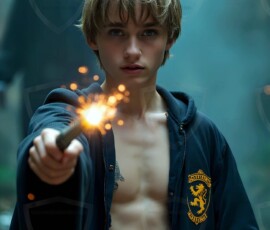 AI-generated wizards of the lion house handsome shirtless mages of the wizard academy conjuring great white lions in cinematic UHD fantasy art.