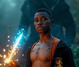 AI-generated wizards of the lion house handsome shirtless mages of the wizard academy conjuring great white lions in cinematic UHD fantasy art.
