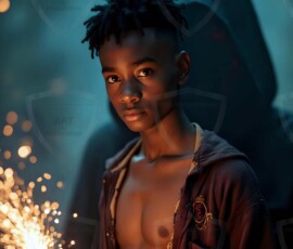 AI-generated wizards of the lion house handsome shirtless mages of the wizard academy conjuring great white lions in cinematic UHD fantasy art.