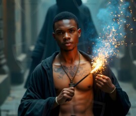 AI-generated wizards of the lion house handsome shirtless mages of the wizard academy conjuring great white lions in cinematic UHD fantasy art.