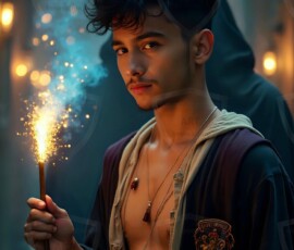 AI-generated wizards of the lion house handsome shirtless mages of the wizard academy conjuring great white lions in cinematic UHD fantasy art.